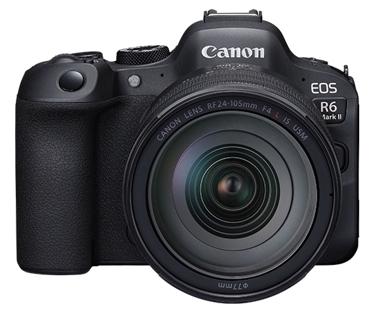 A black Canon EOS R6 Mark II camera with an RF 24-105mm F4 L IS USM lens attached, shown in a front-facing studio shot on a white background.