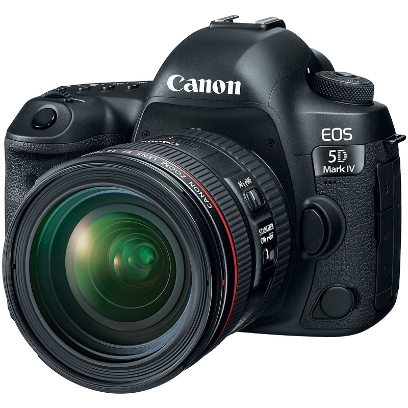 A professional product shot of a black Canon EOS 5D Mark IV DSLR camera with a Canon zoom lens attached. The camera is angled slightly to the right, showcasing the front of the lens and the body with "Canon" and "EOS 5D Mark IV" branding. The background is a solid white.