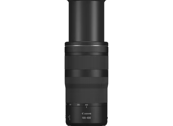 A high-quality product shot of a black Canon RF 100-400mm F5.6-8 IS USM lens, isolated on a black background. The lens is extended to its full length at the 400mm focal length, with the zoom and focus rings clearly visible. The lens mount at the bottom is a lighter, metallic gray.