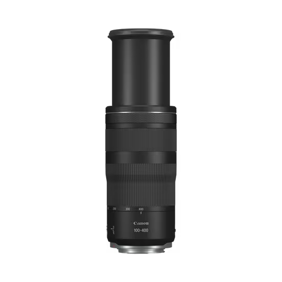 A high-quality product shot of a black Canon RF 100-400mm F5.6-8 IS USM lens, isolated on a black background. The lens is extended to its full length at the 400mm focal length, with the zoom and focus rings clearly visible. The lens mount at the bottom is a lighter, metallic gray.