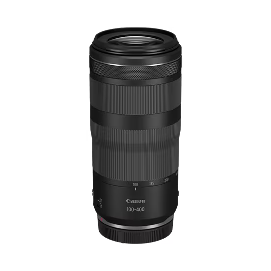 A studio product shot of a black Canon RF 100-400mm F5.6-8 IS USM lens. The lens is isolated on a black background, with its barrel retracted to the 100mm focal length. The zoom ring, focus ring, and lens information are clearly visible.
