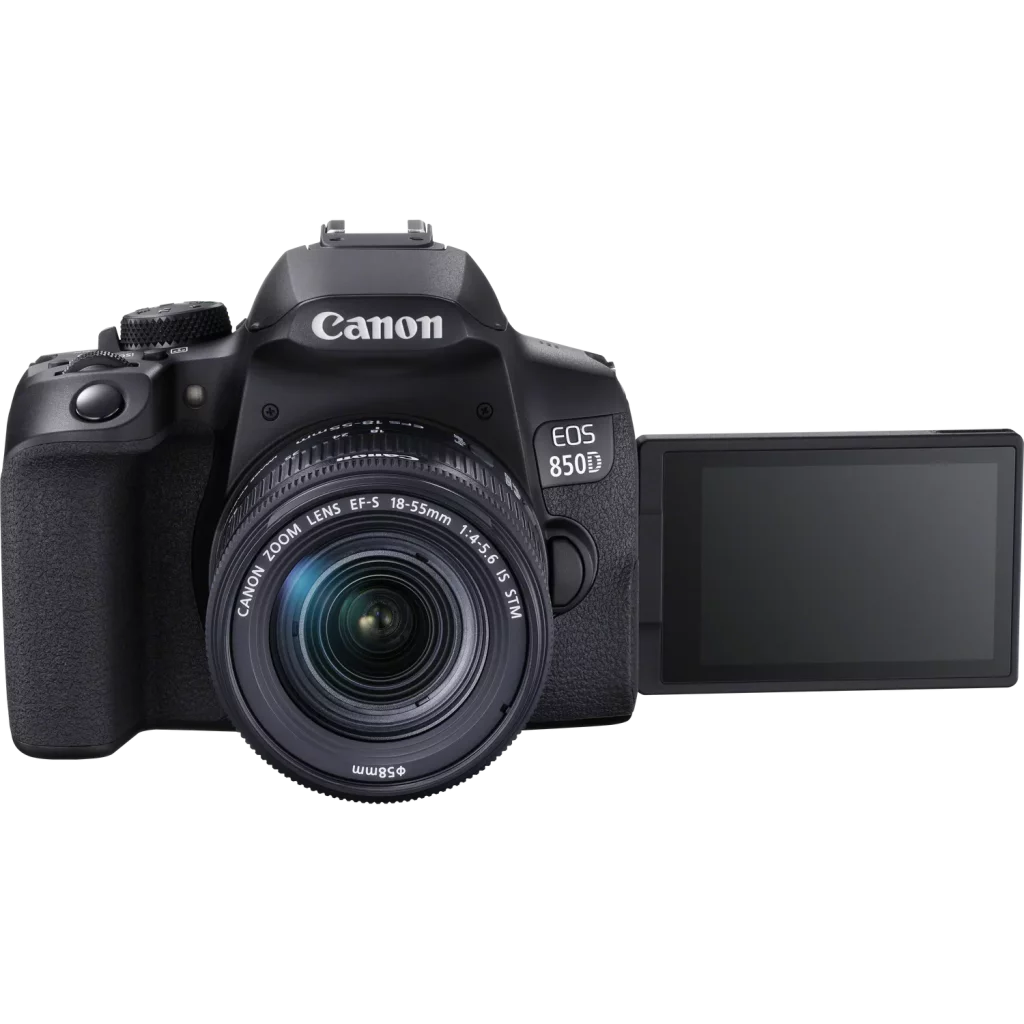 This is an image of the Canon EOS 850D (also known as the Rebel T8i). It's a DSLR camera shown with its vari-angle touchscreen flipped out to the side. The camera has a Canon EF-S 18-55mm f/4-5.6 IS STM kit lens attached. The background is a gradient of black to grey, highlighting the camera.