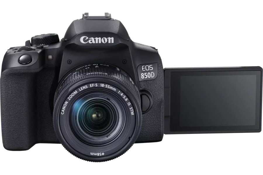 This is an image of the Canon EOS 850D (also known as the Rebel T8i). It's a DSLR camera shown with its vari-angle touchscreen flipped out to the side. The camera has a Canon EF-S 18-55mm f/4-5.6 IS STM kit lens attached. The background is a gradient of black to grey, highlighting the camera.